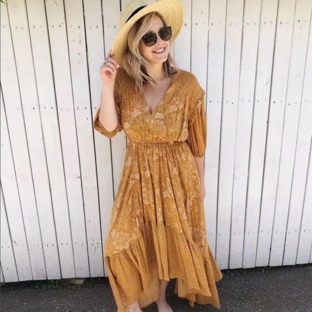 Bohemian Gypsy Print Ruffle Floral Dress Orange - Picture 4 of 13